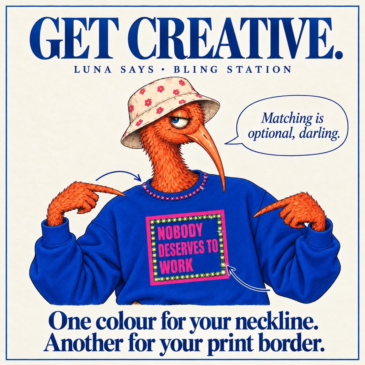 Get creative: choose one color for your neckline and another for your print border. Matching is optional.